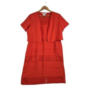 EY Signature 2 Pc Linen Blend Sheath Dress Cropped Jacket sz L Orange Sleeveless